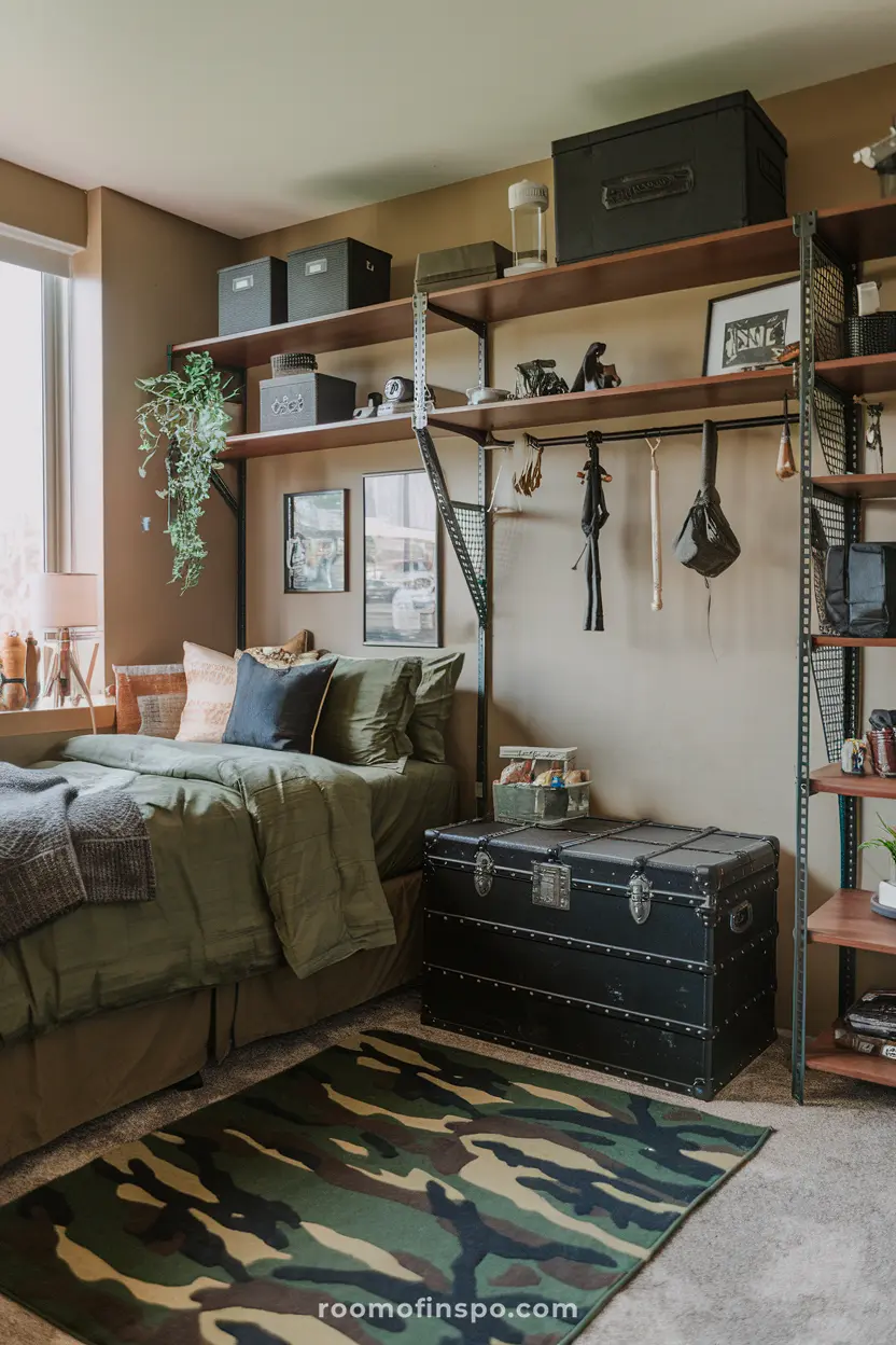 A military-inspired dorm room for guys with army-green tones and a rugged aesthetic.
