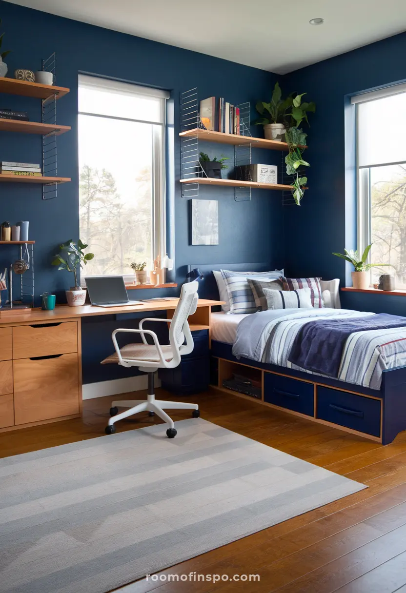 A moody dorm room for guys with dark tones and cozy lighting.