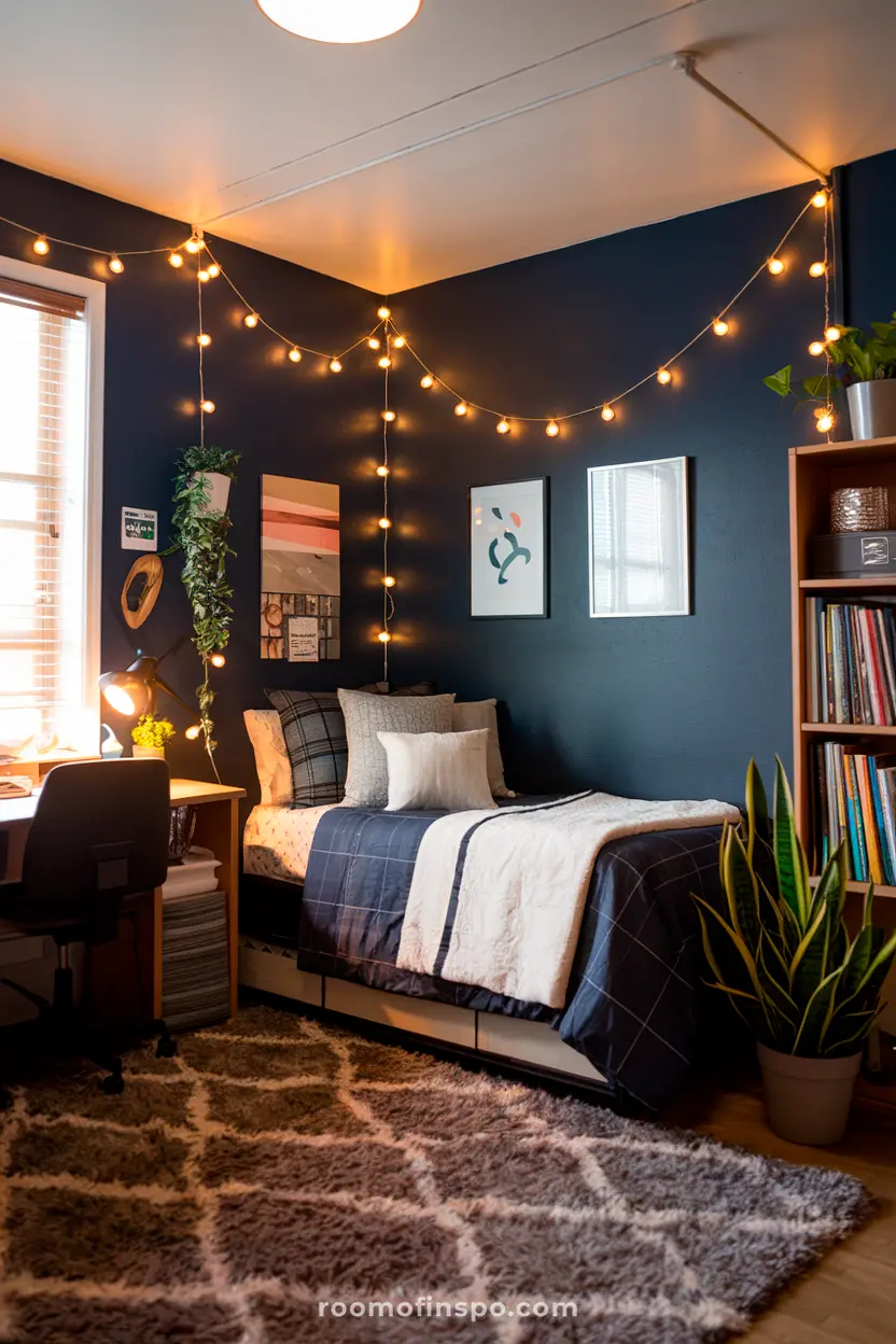 A moody dorm room for guys with dark tones and cozy lighting.