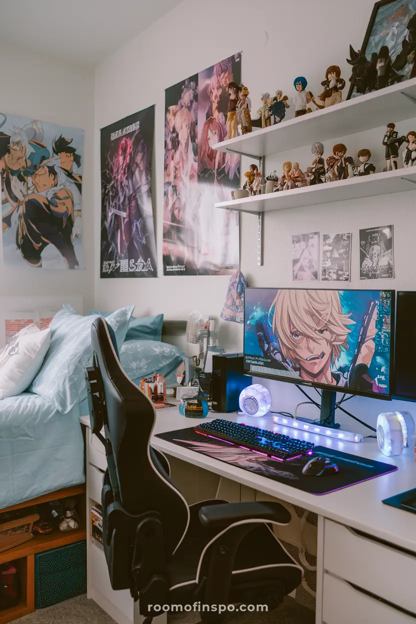 A dorm room for anime fans with posters, collectibles, and themed decor.