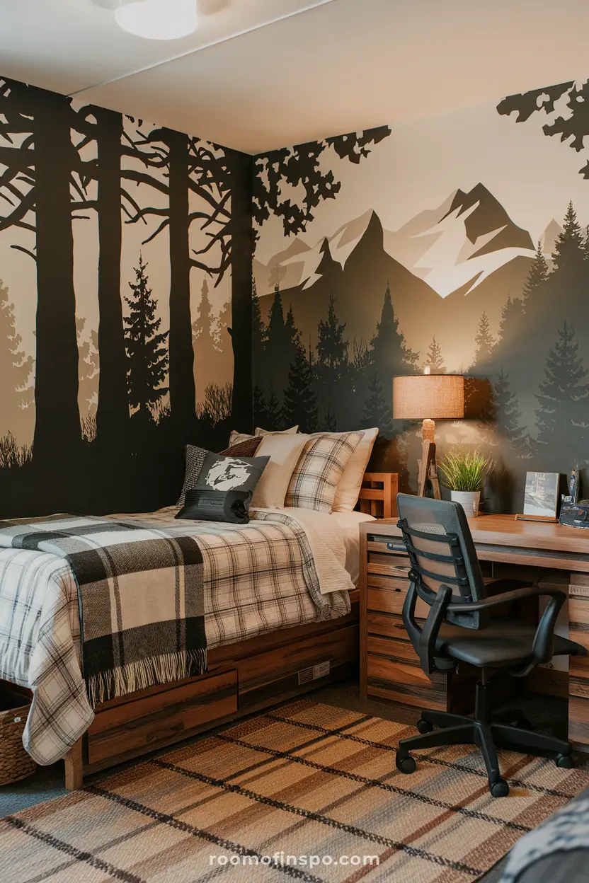 A nature-inspired dorm room for guys with rustic decor and earthy tones.