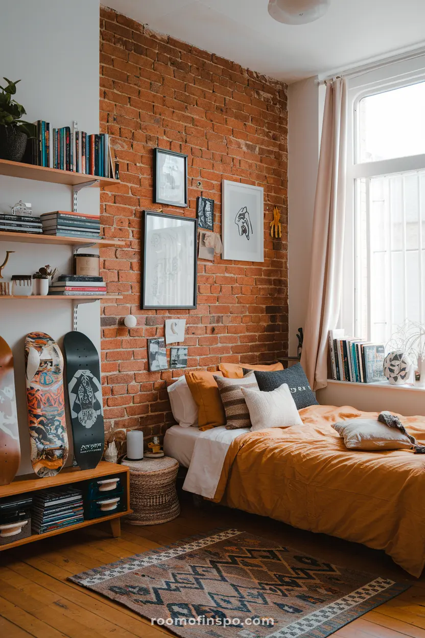 A retro dorm room for guys with vintage decor and masculine touches.