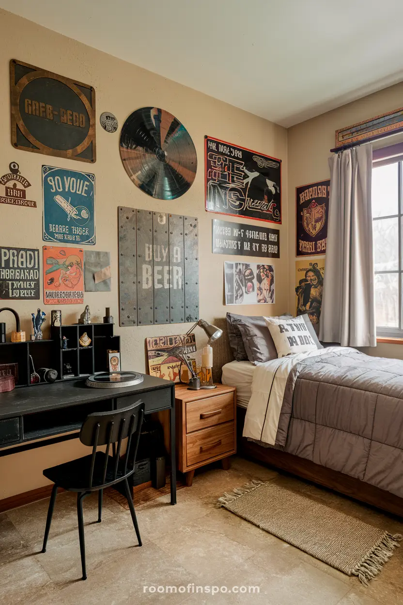 A retro dorm room for guys with vintage decor and masculine touches.