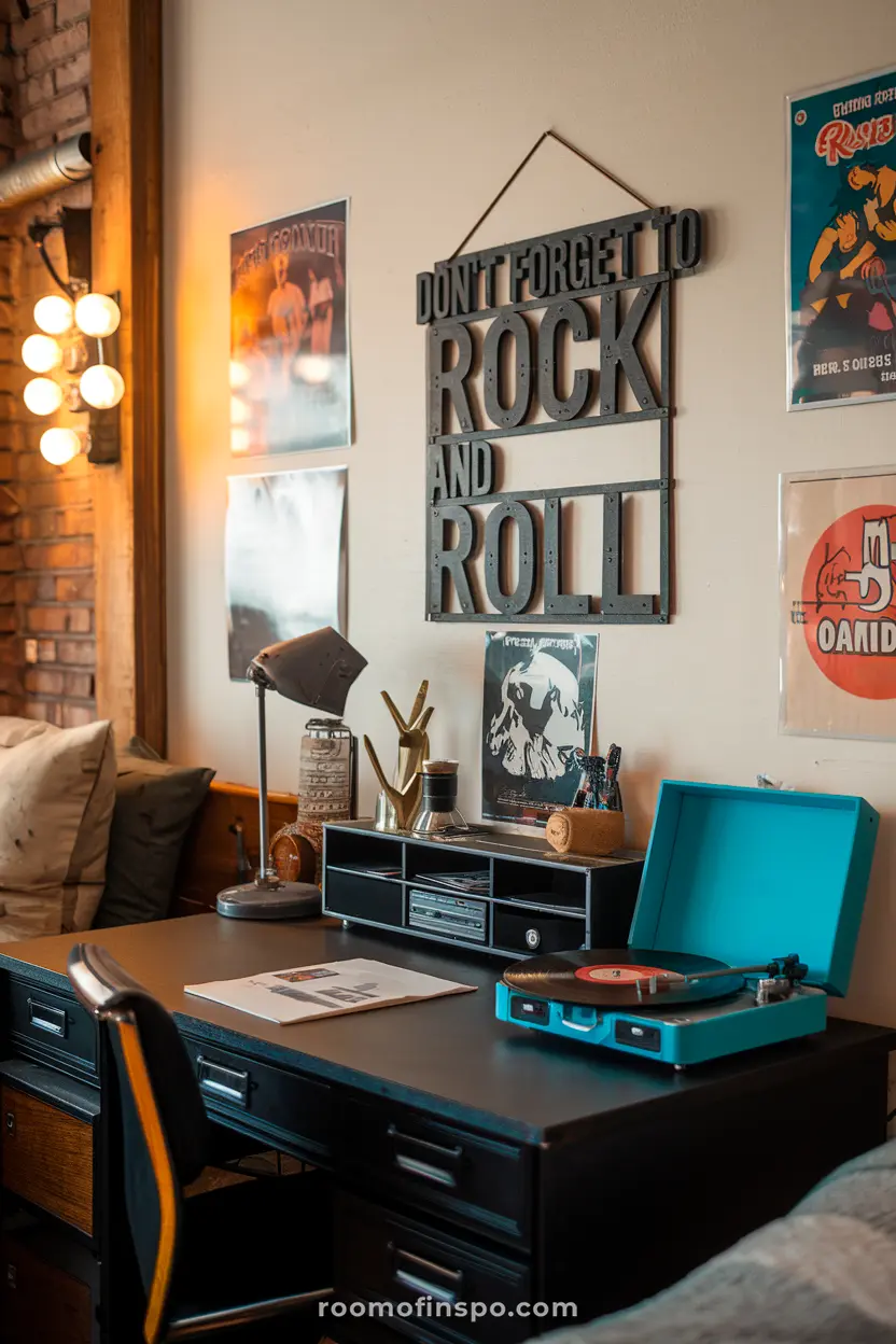 A retro dorm room for guys with vintage decor and masculine touches.