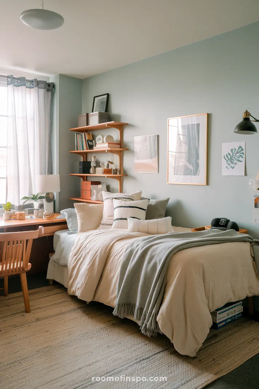 A calm dorm room for guys with neutral tones and simple textures.