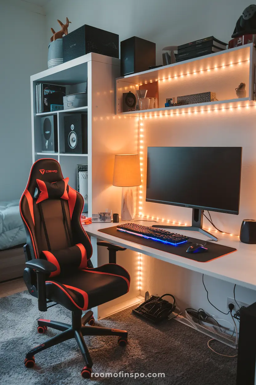 A dorm room for guys with a gaming setup featuring LED lights and a comfortable chair.