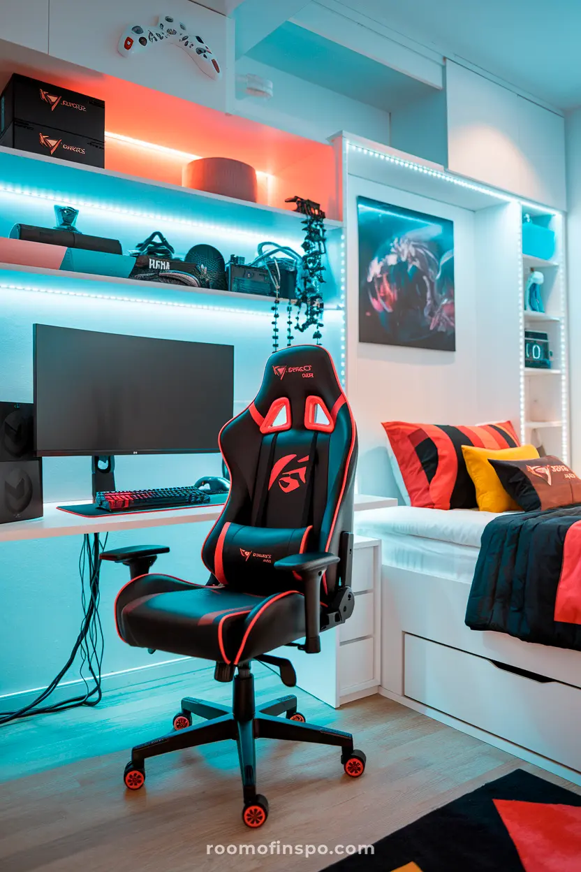 A dorm room for guys with a gaming setup featuring LED lights and a comfortable chair.