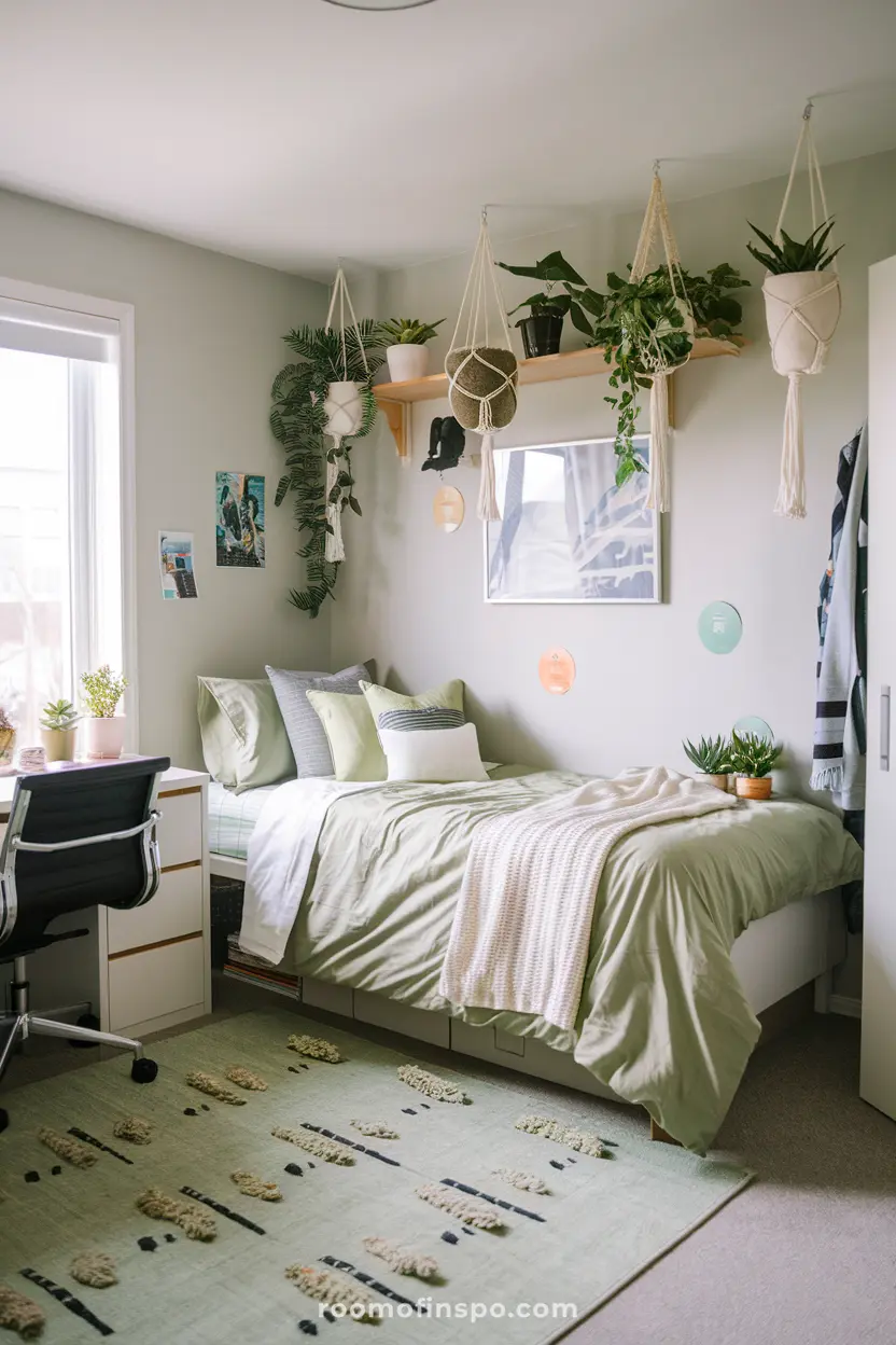 A dorm room for guys with green-themed decor and faux plants.