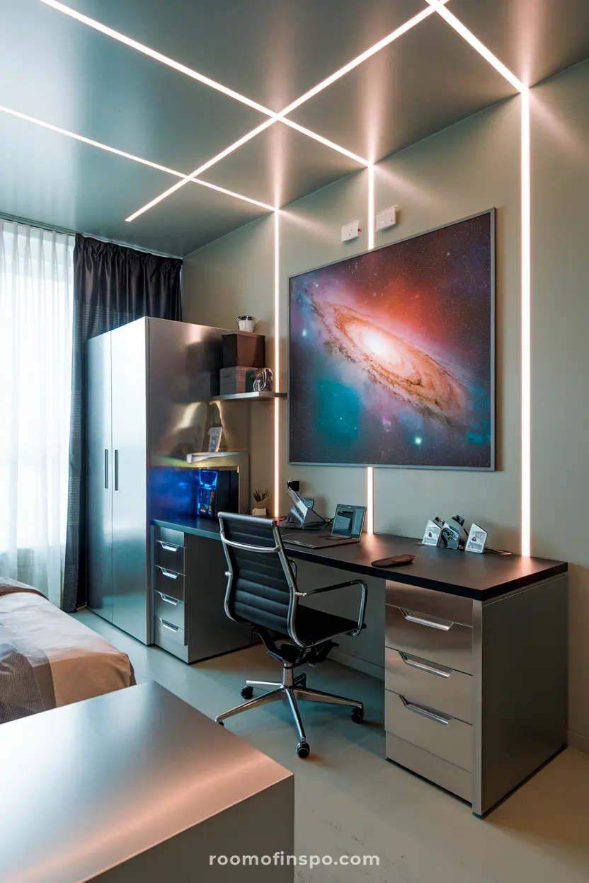 A sci-fi-inspired dorm room for guys with LED lights and sleek metallic accents.