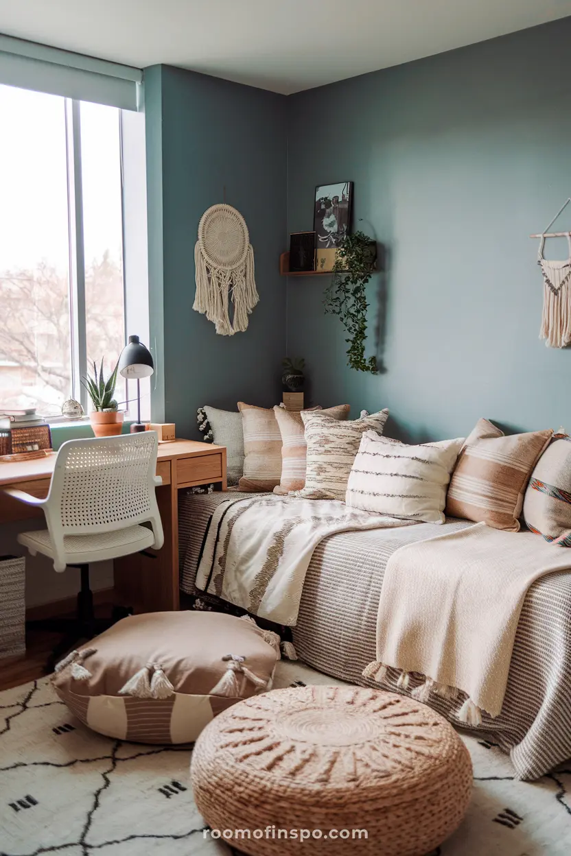 A boho dorm room for guys featuring earthy tones and relaxed decor.