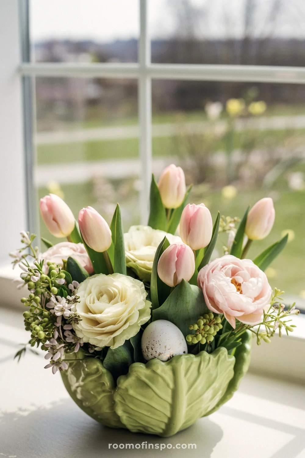Soft Easter floral arrangement with pink tulips, white roses, spring greenery in cabbage vase by sunlit window.