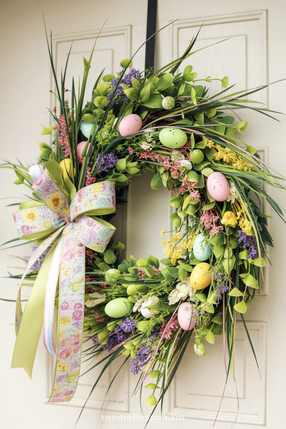 A lively Easter wreath with colorful florals and eggs on a white door.