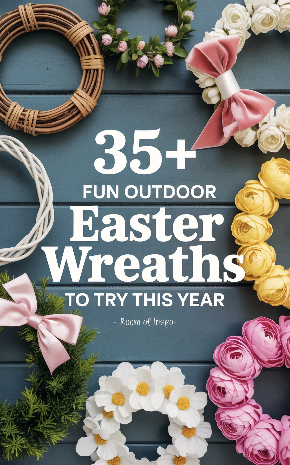 Flat lay showcasing materials for Easter wreaths with the title "35+ Fun Outdoor Easter Wreaths to Try This Year".