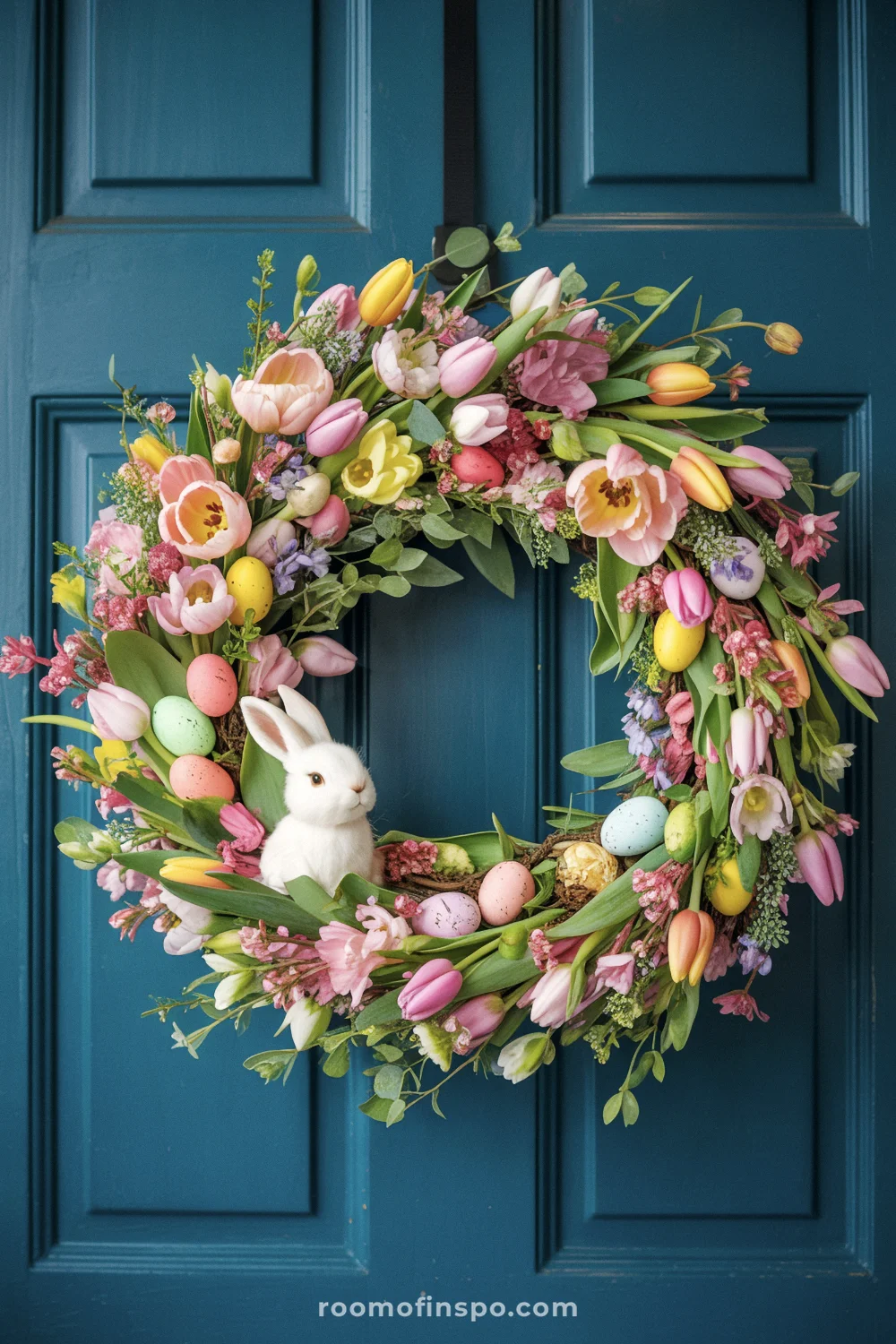 A vibrant Easter wreath with spring florals and pastel decorative eggs on a teal door.