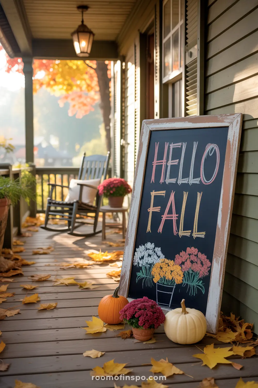 A charming "Hello Fall" chalkboard sign with flowers leans on a porch with pumpkins and scattered autumn leaves.