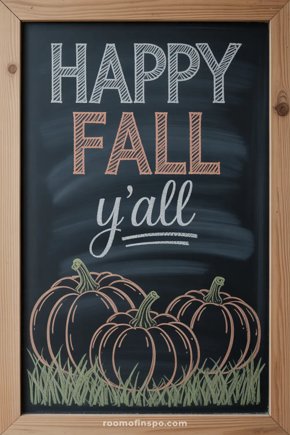 A chalkboard sign reads "HAPPY FALL y'all" with outlines of pumpkins and grass, making for charming autumn home decor.