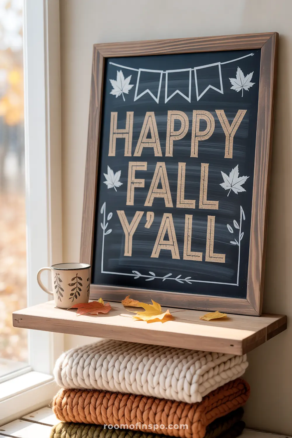 A charming "Happy Fall Y'all" chalkboard with maple leaves and banners rests on a shelf with a mug and autumn leaves.