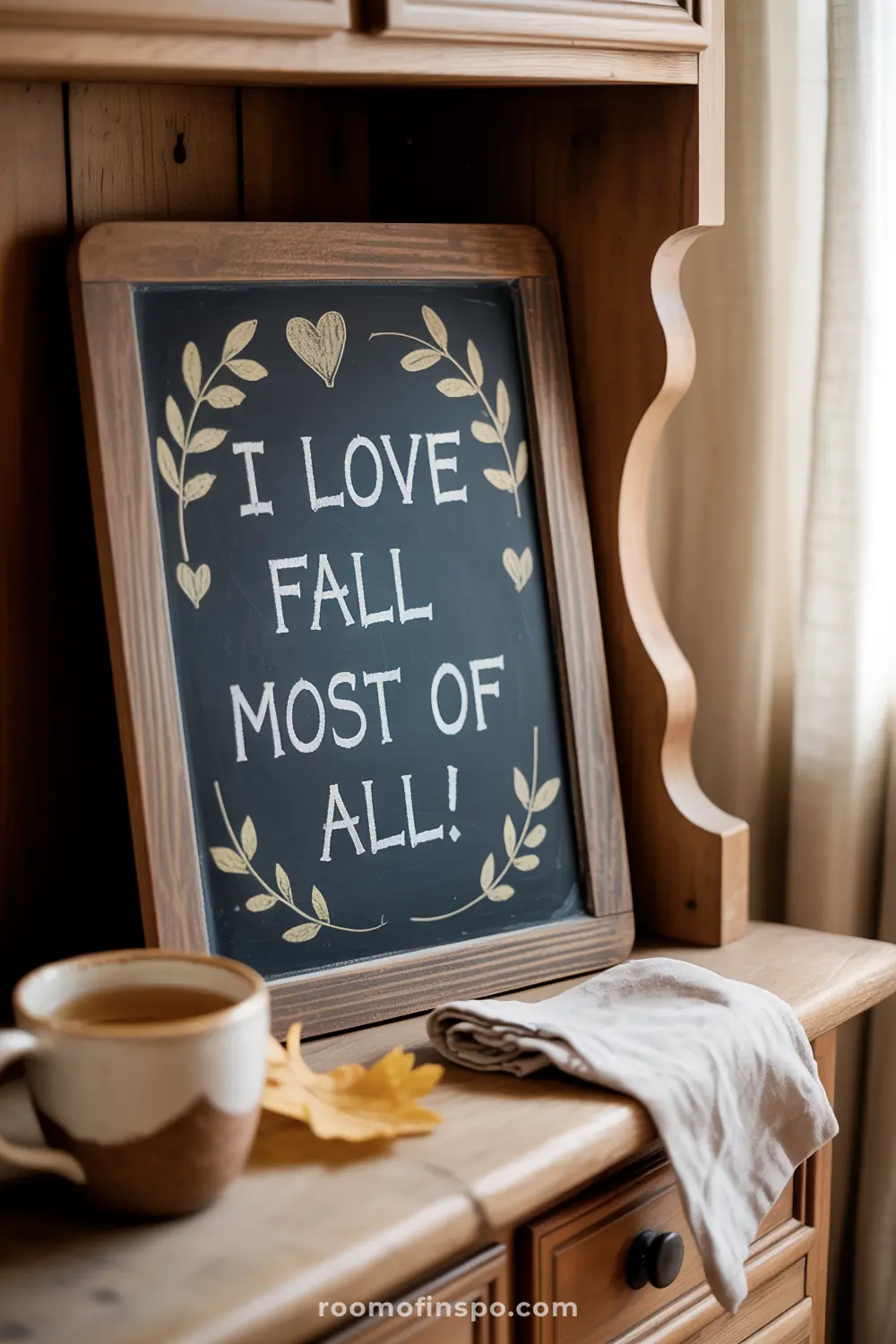 A charming chalkboard reads "I love fall most of all!" adorned with leaves, next to a cozy mug and fabric.