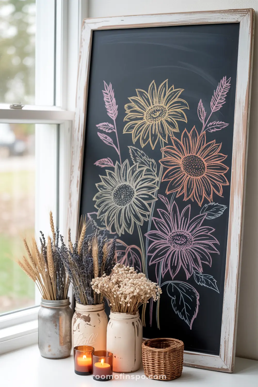 A tall, distressed white-framed chalkboard features colorful outlines of fall sunflowers, positioned near dried flowers and candles.