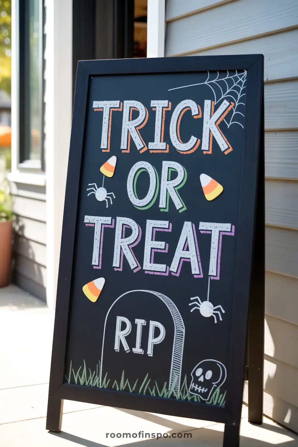 A festive chalkboard A-frame sign reads "Trick or Treat" with candy corn, spiders, and a fall tombstone.