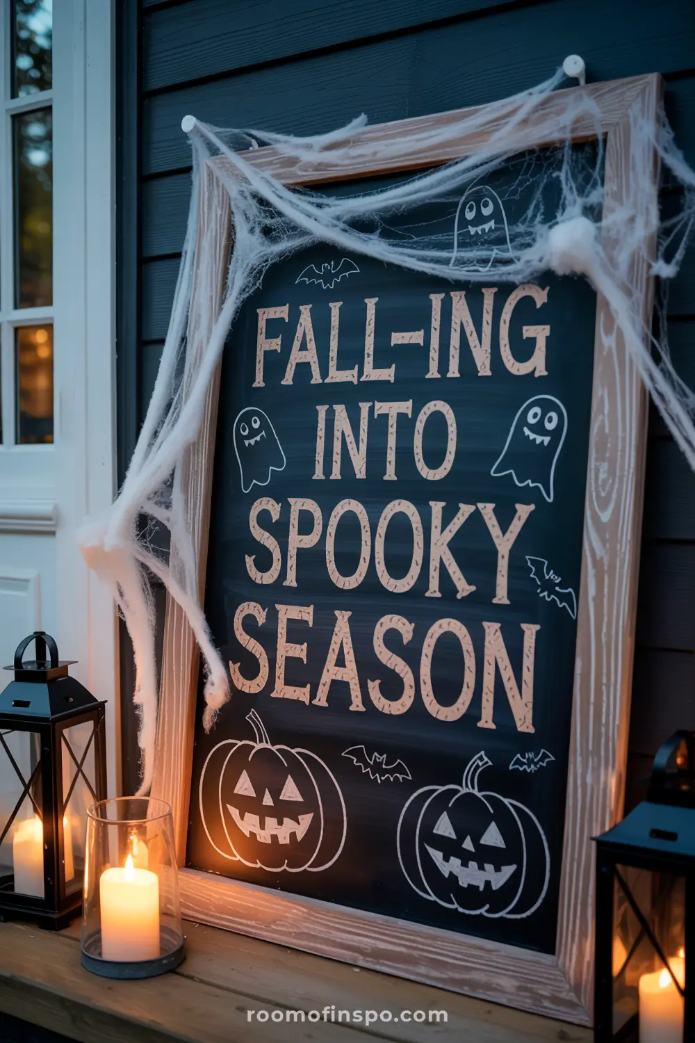 A "Falling Into Spooky Season" chalkboard is draped in fake spiderwebs, featuring ghosts, bats, and pumpkins for fall.