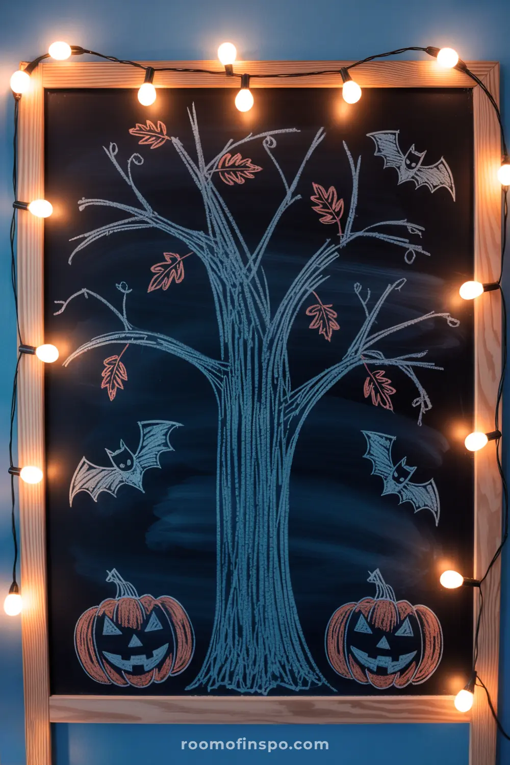 A spooky fall-themed chalkboard features a tree with autumn leaves, bats, and jack-o'-lanterns, framed by string lights.