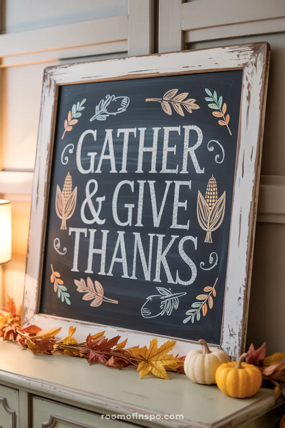 A charming chalkboard reads "Gather & Give Thanks" with fall leaves and corn, bordered by autumn foliage and pumpkins.