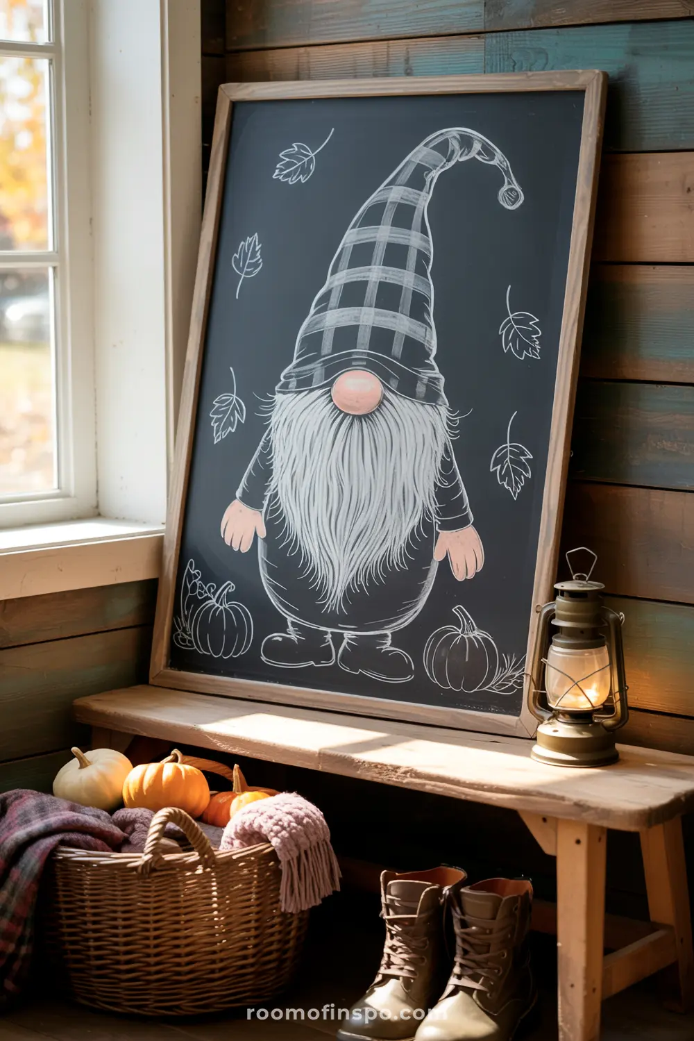 A festive chalkboard features a whimsical gnome, surrounded by fall leaves and pumpkins, next to an antique lantern.