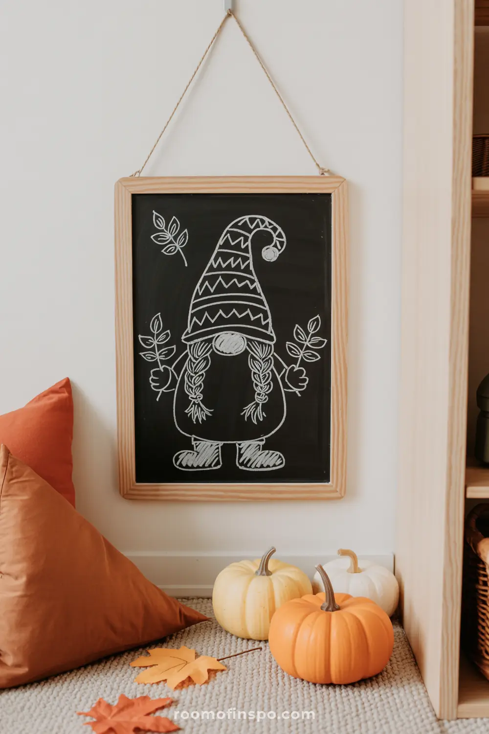 A chalk drawing of an autumn gnome hangs above real mini pumpkins and fall leaves, creating whimsical fall home decor.