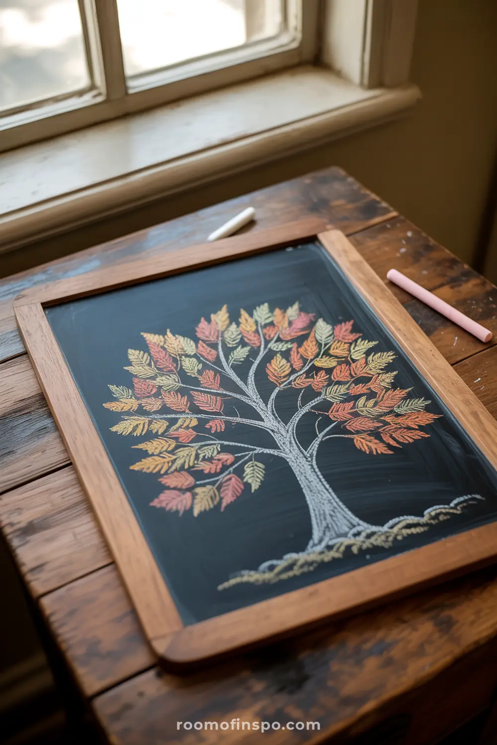 A charming chalkboard drawing depicts a tree with vibrant fall foliage, resting on a wooden surface with chalk sticks.