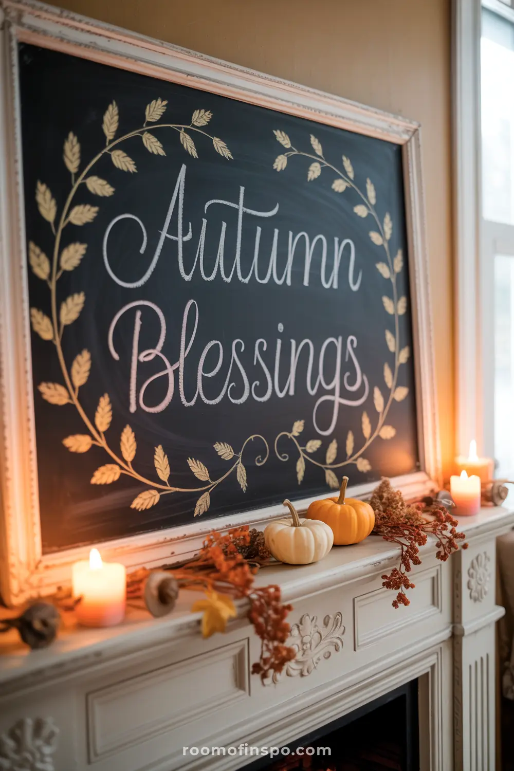 A white-framed chalkboard reads "Autumn Blessings" with a leaf wreath, sitting on a mantel adorned with fall decor and candles.