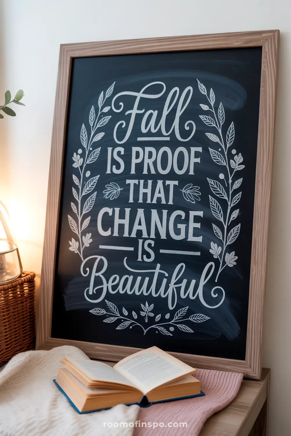 A rustic framed chalkboard reads, "Fall is proof that change is beautiful," surrounded by a chalk leaf wreath.