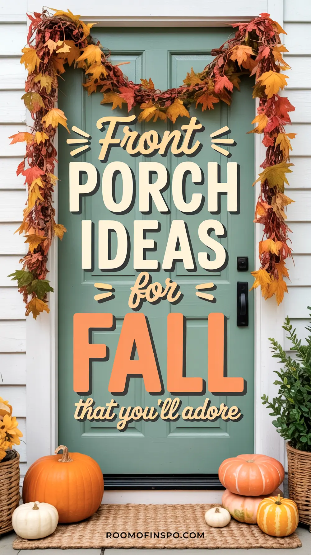 A light teal door is adorned with a colorful fall leaf garland, surrounded by pumpkins and potted plants on the front porch, with the text overlay "Front PORCH IDEAS for FALL that you'll adore".