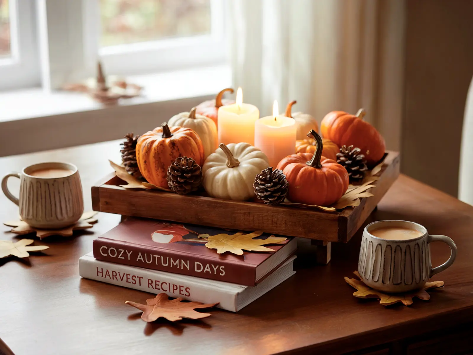A fall-themed coffee table with a tray with pumpkins, pinecones, lit candles, coffee mugs, and books.
