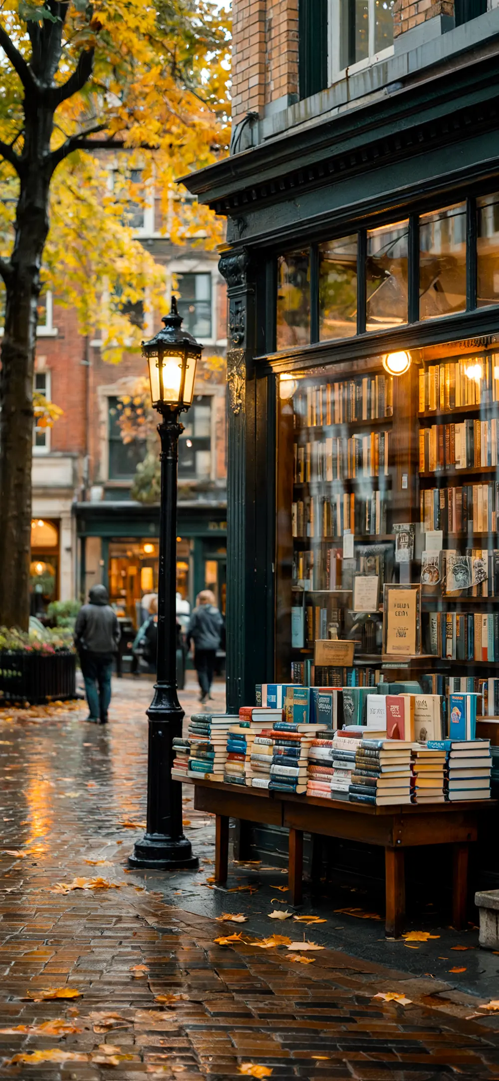 A quaint bookstore with books displayed outside sits on a wet, leaf-strewn street, radiating cozy fall vibes in autumn.