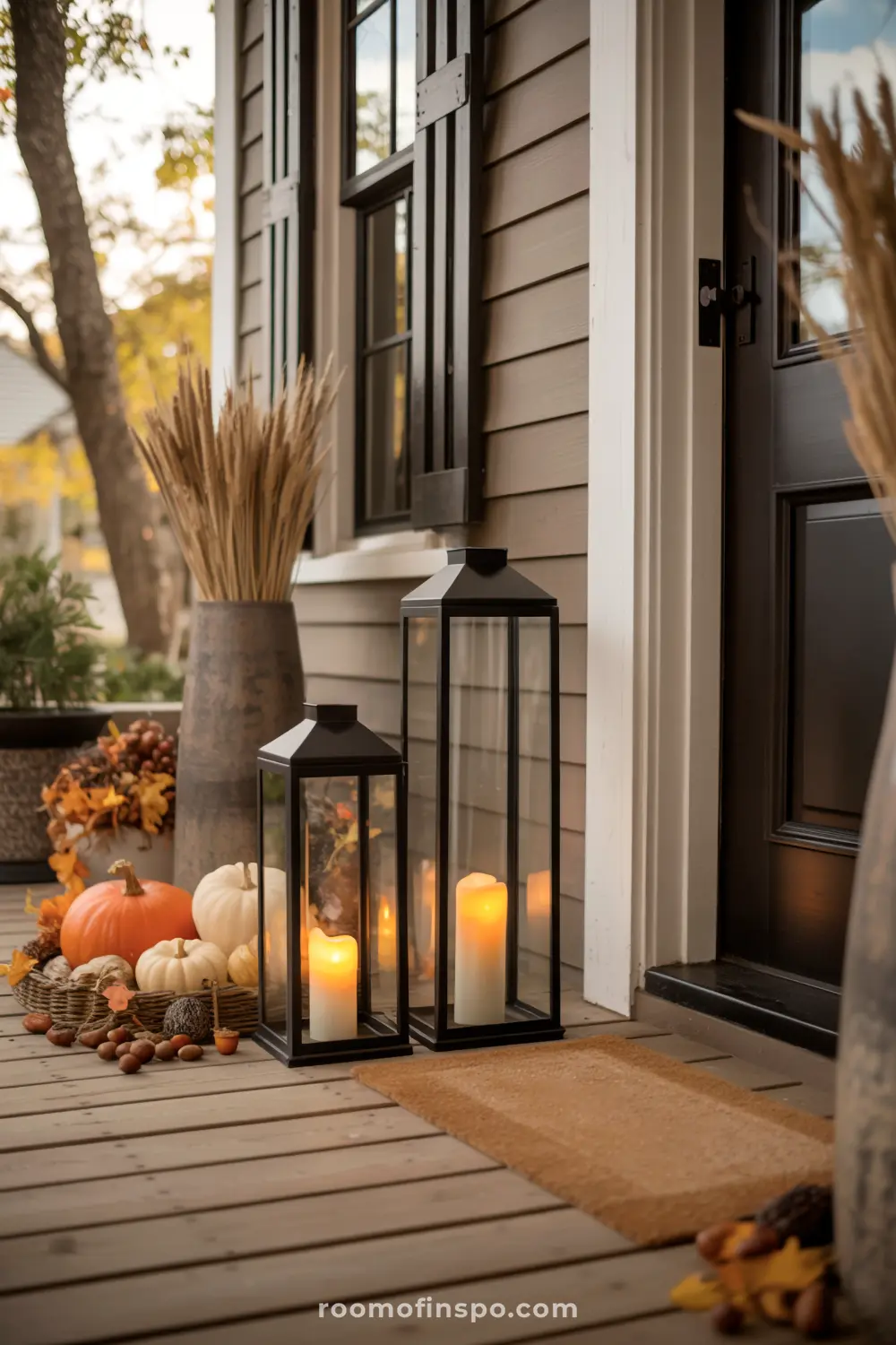 A cozy fall front porch with glowing lanterns filled with pumpkins and pinecones beside a plaid doormat and potted mums.