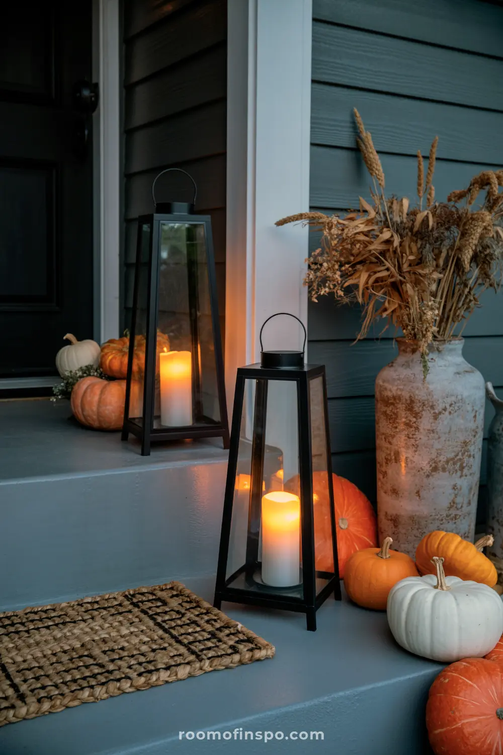 An autumn farmhouse porch with glowing lanterns, wheat bundles, and pumpkins along concrete steps.