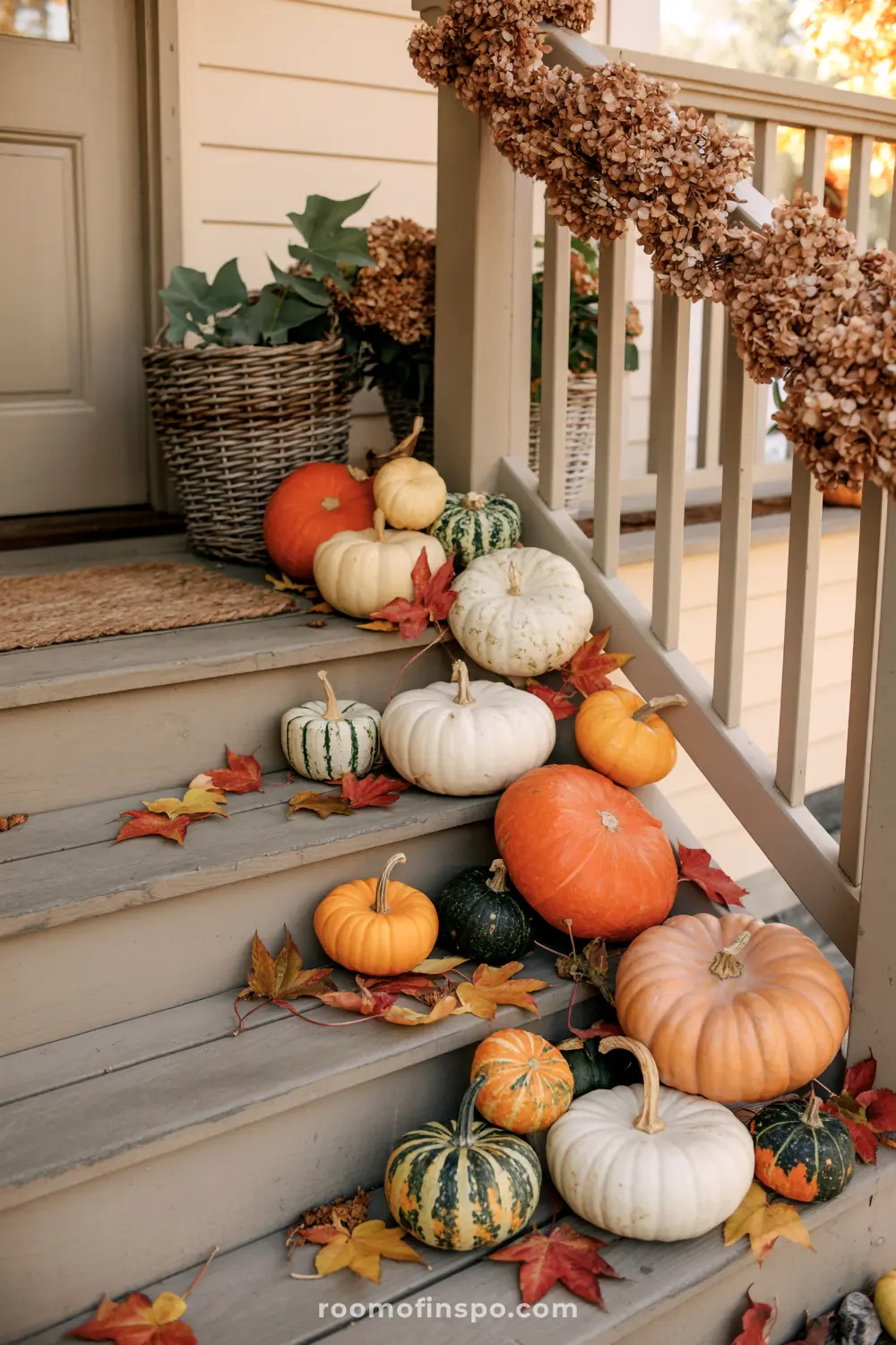 Steps leading to a front porch are adorned with an abundance of pumpkins and gourds for fall autumn.