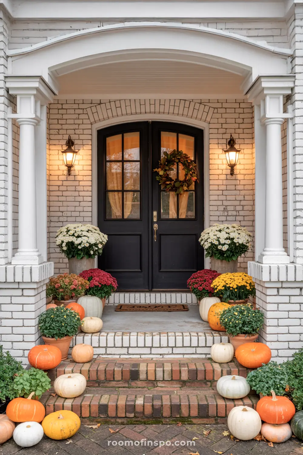 A welcoming home entrance showcases abundant fall home decor with various pumpkins, chrysanthemums, and a festive autumn wreath on the black double doors.