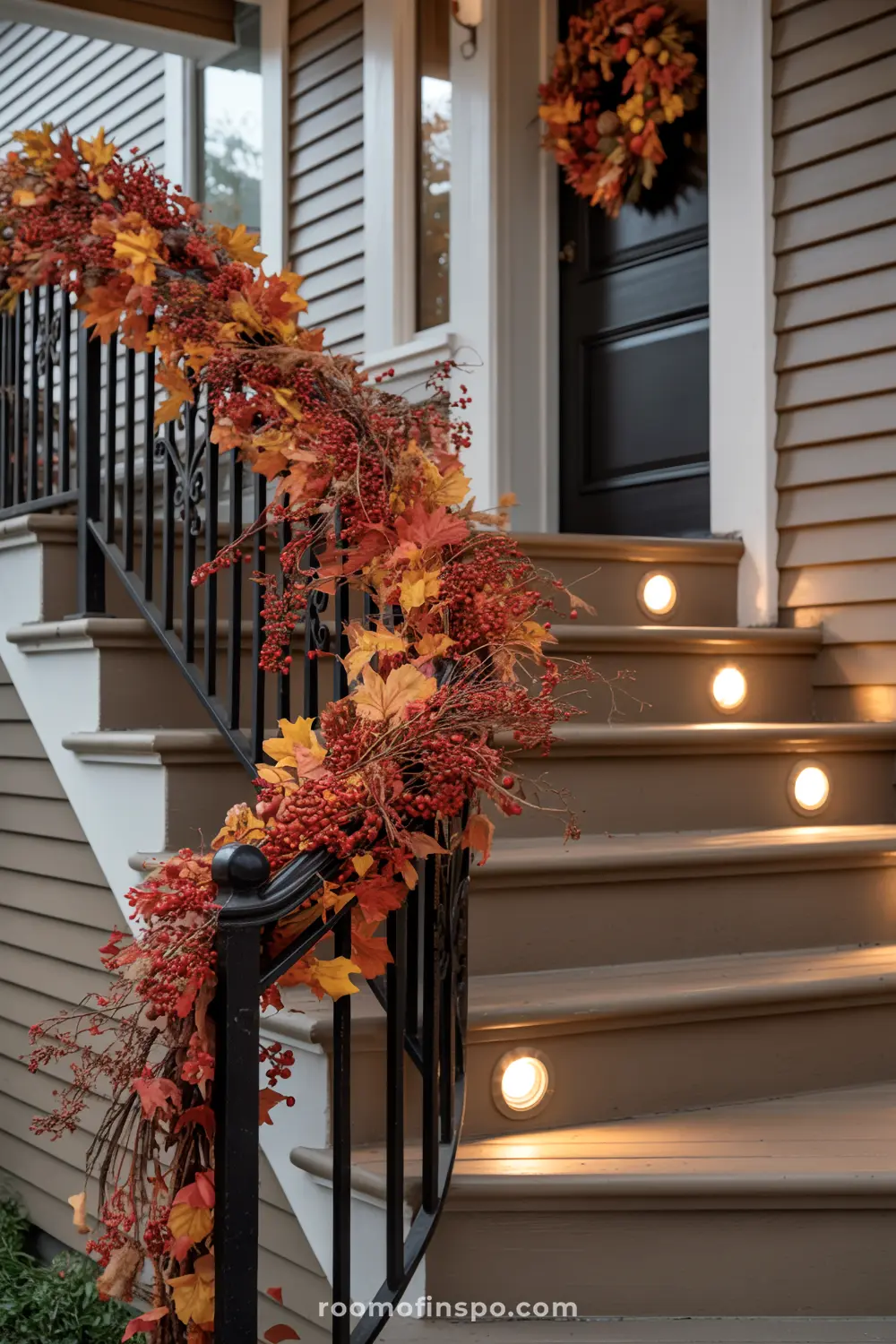 An elegant garland of fall leaves and berries drapes a front porch railing, illuminating the autumn steps.
