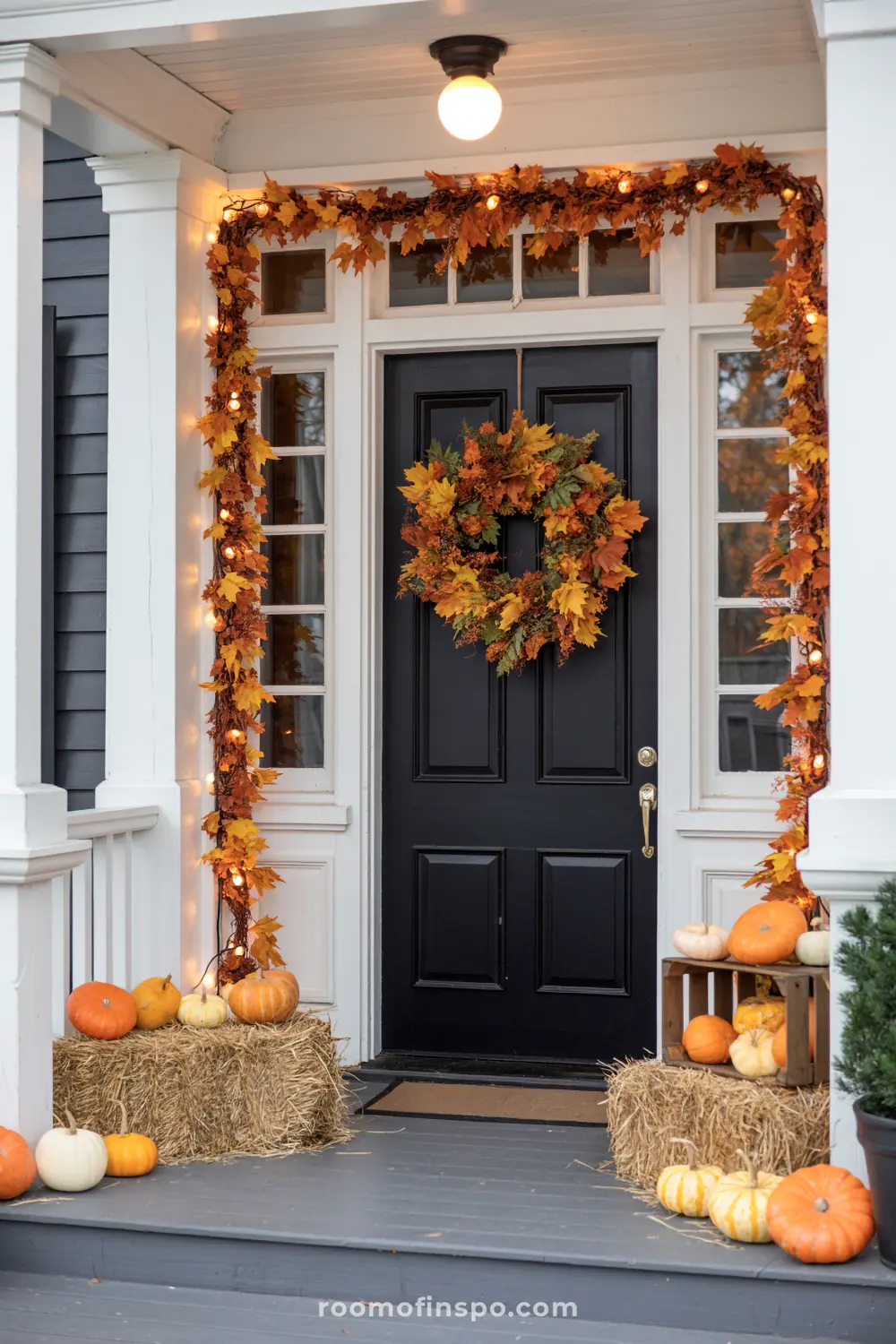 A fall front porch with garlands of leaves and pumpkins, twinkle lights, and warm harvest details.