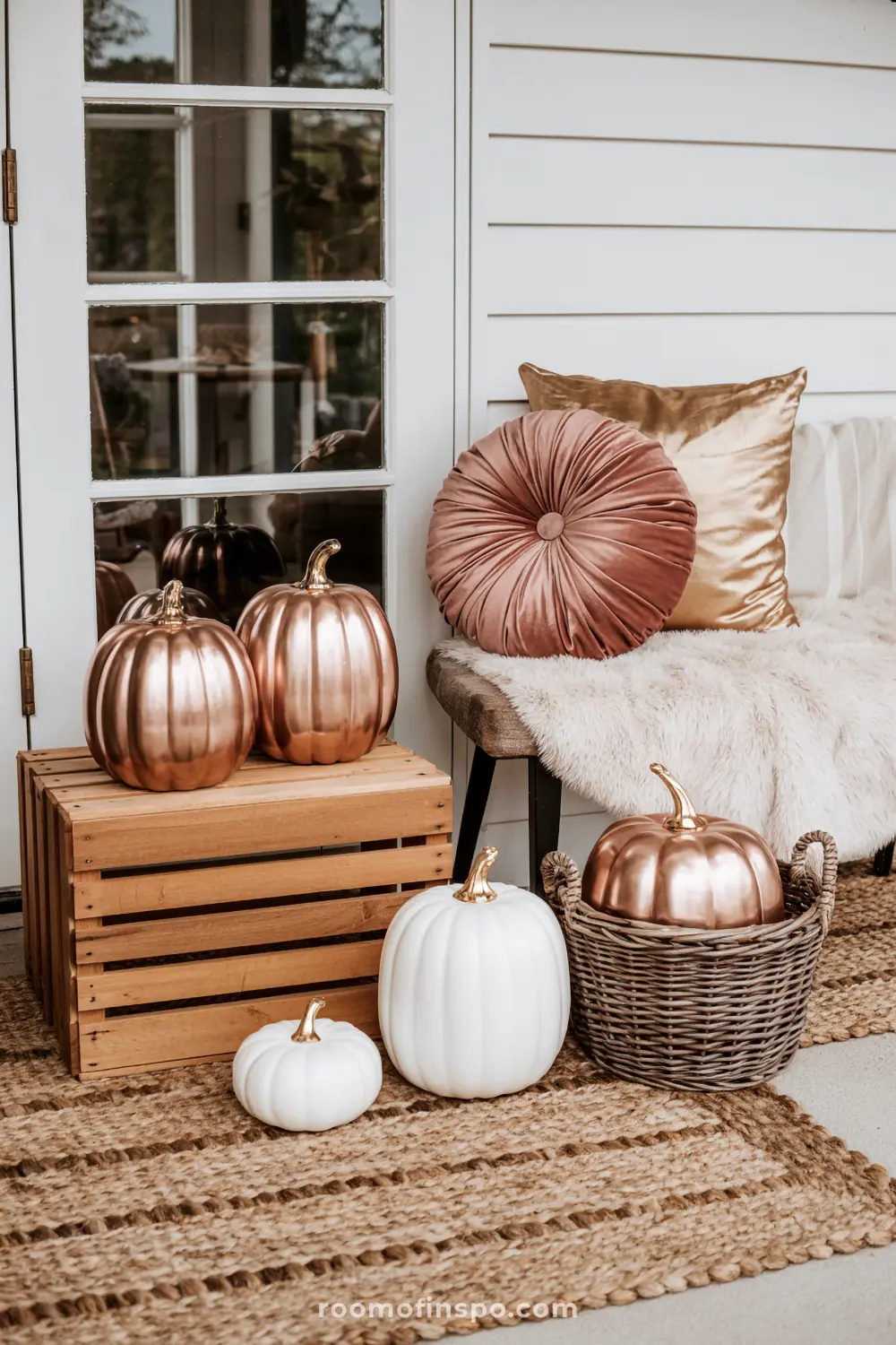 A glamorous fall front porch with rose gold and velvet pumpkins, gold pillows, and soft jute layers.