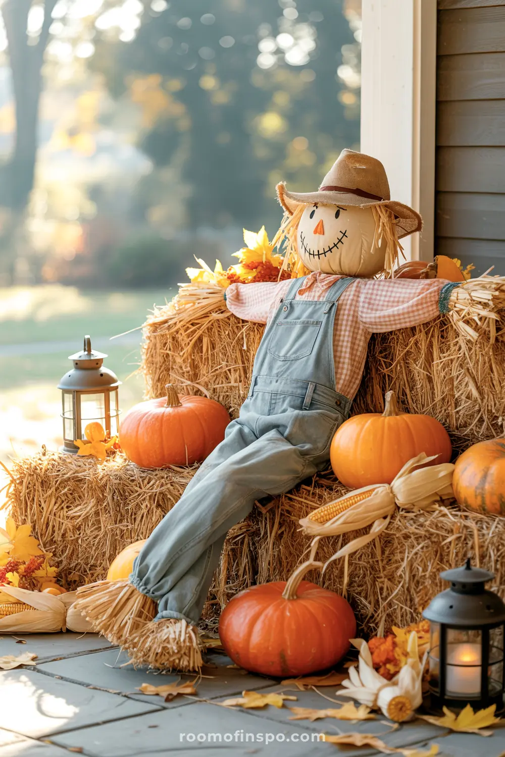 A charming scarecrow in overalls sits on hay bales, surrounded by pumpkins and corn, creating cozy fall home decor for an autumn porch.