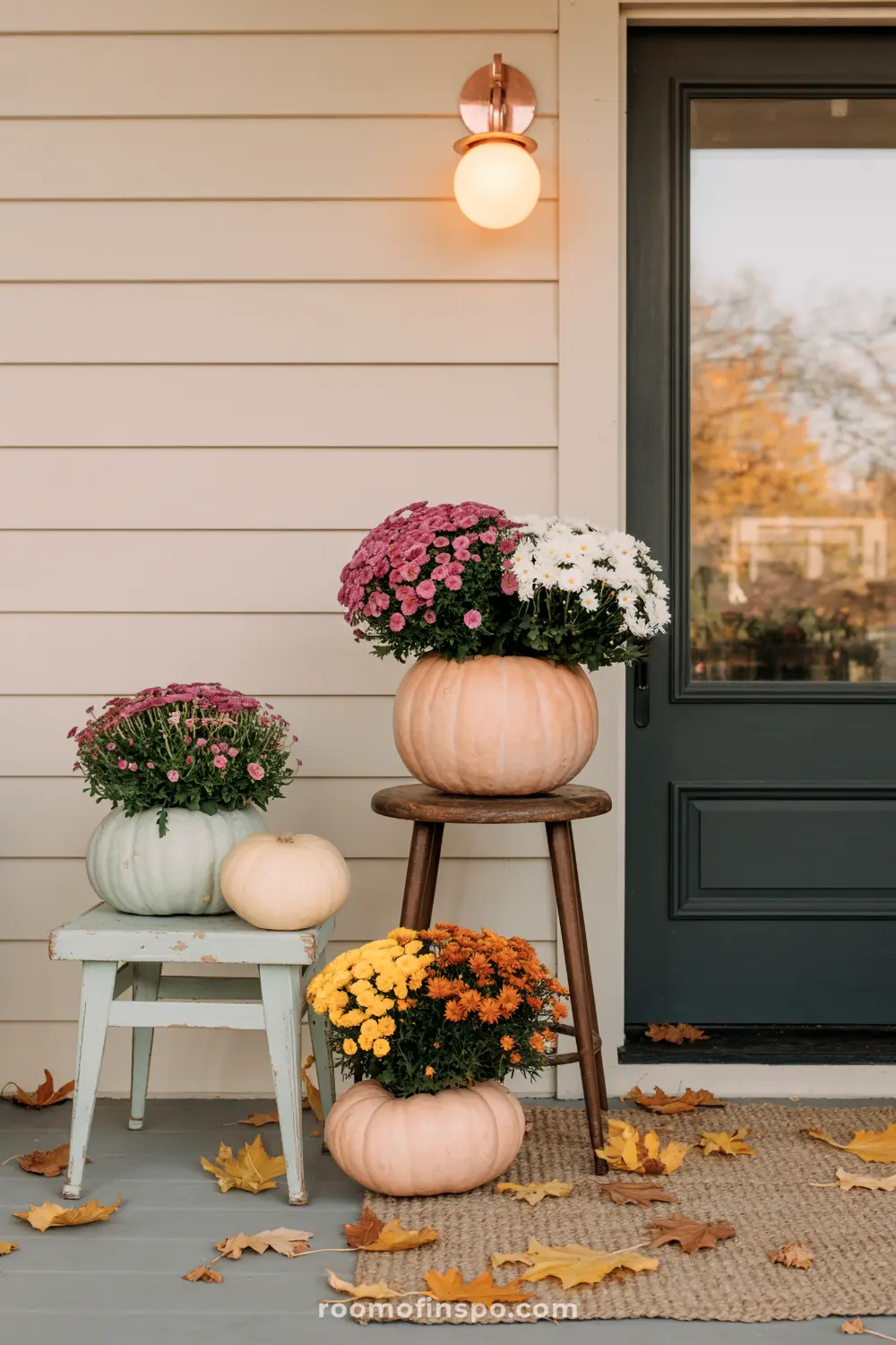 Colorful mums planted in pumpkins adorn a stylish fall front porch, with autumn leaves scattered around.