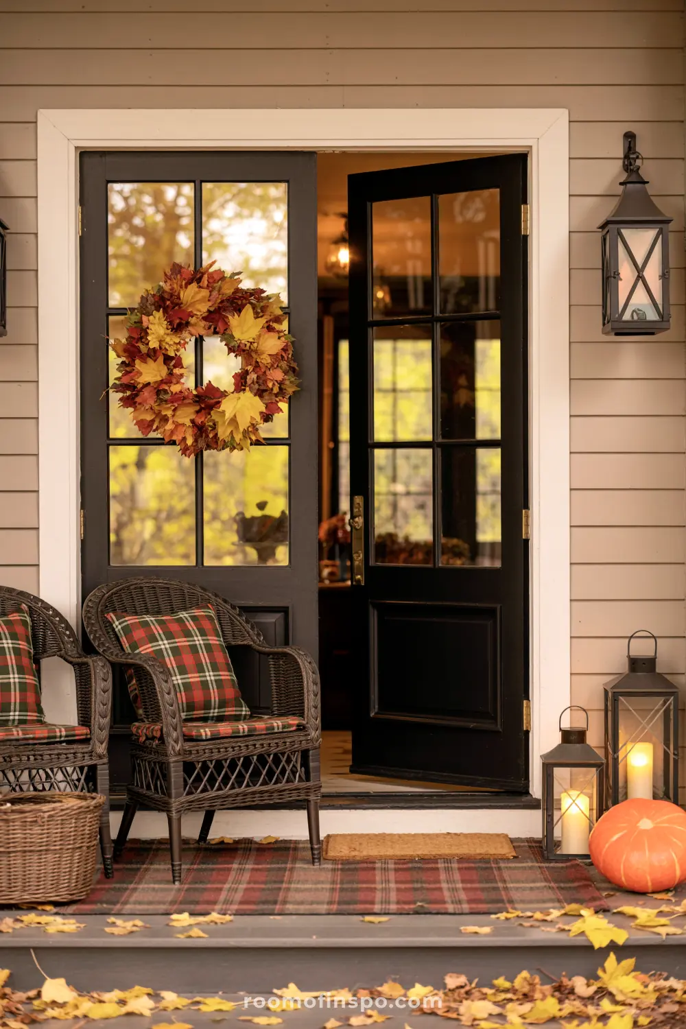 A festive fall wreath crafted from colorful autumn maple leaves hangs on a glass-paneled black front door.