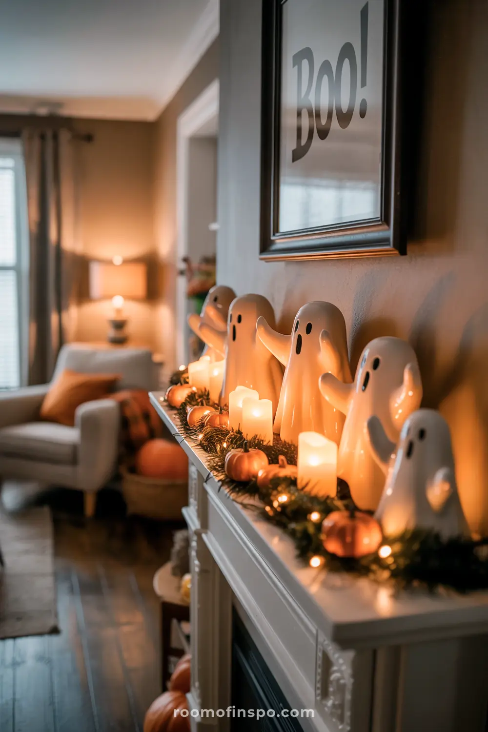 A Halloween mantel is charmingly adorned with five ghost figurines, small pumpkins, flickering candles, and green garland, creating a warm glow.