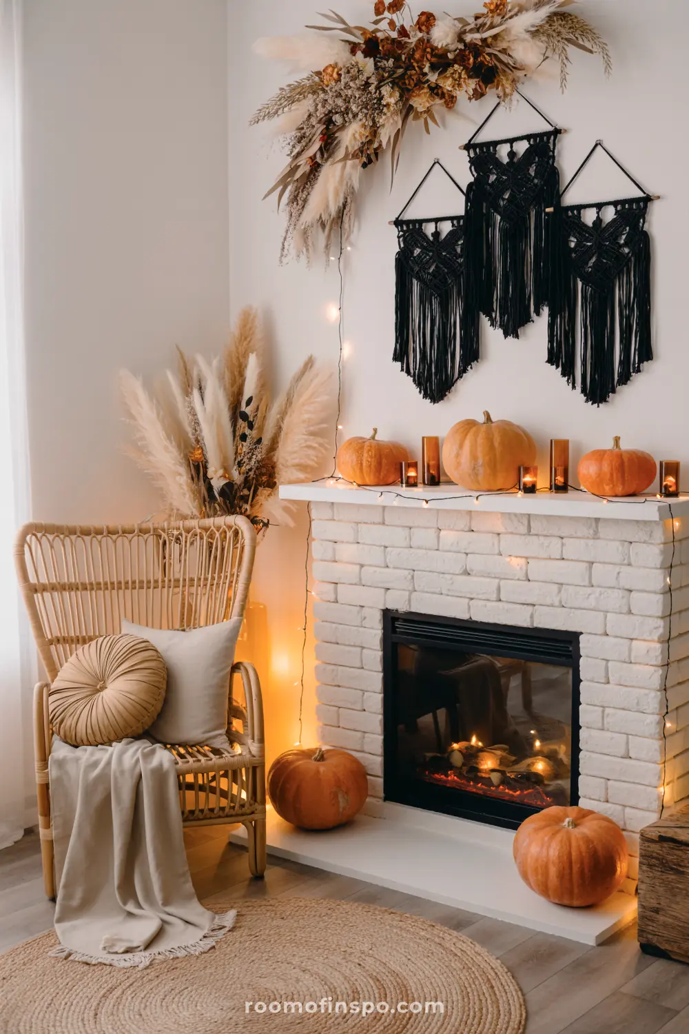 A rustic Halloween mantel on a white brick fireplace is adorned with pumpkins, candles, and string lights, complemented by pampas grass and macrame wall hangings.