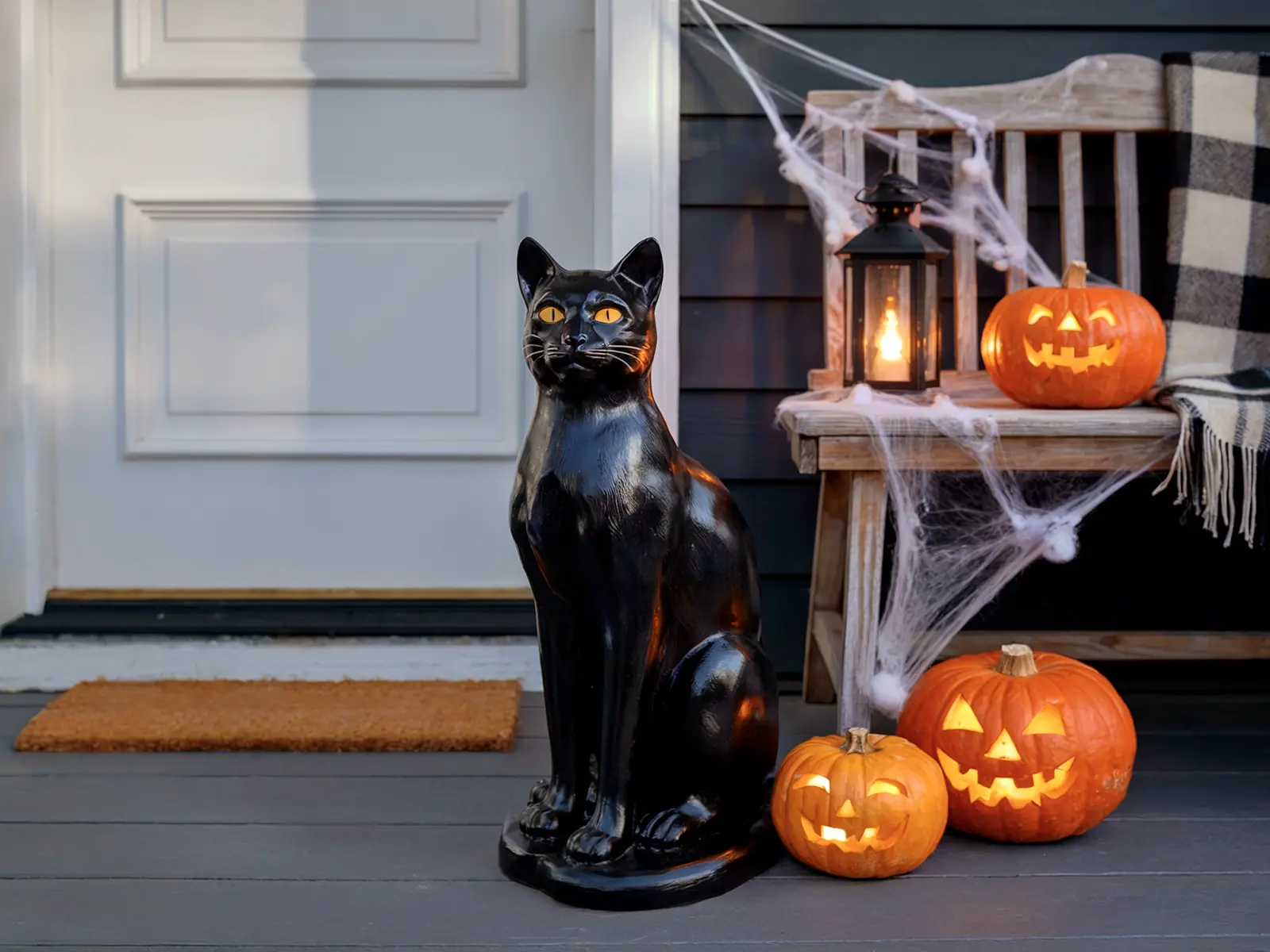 A Halloween front porch features a black cat statue with glowing eyes, two carved pumpkins, and a lantern on a bench with spiderwebs.