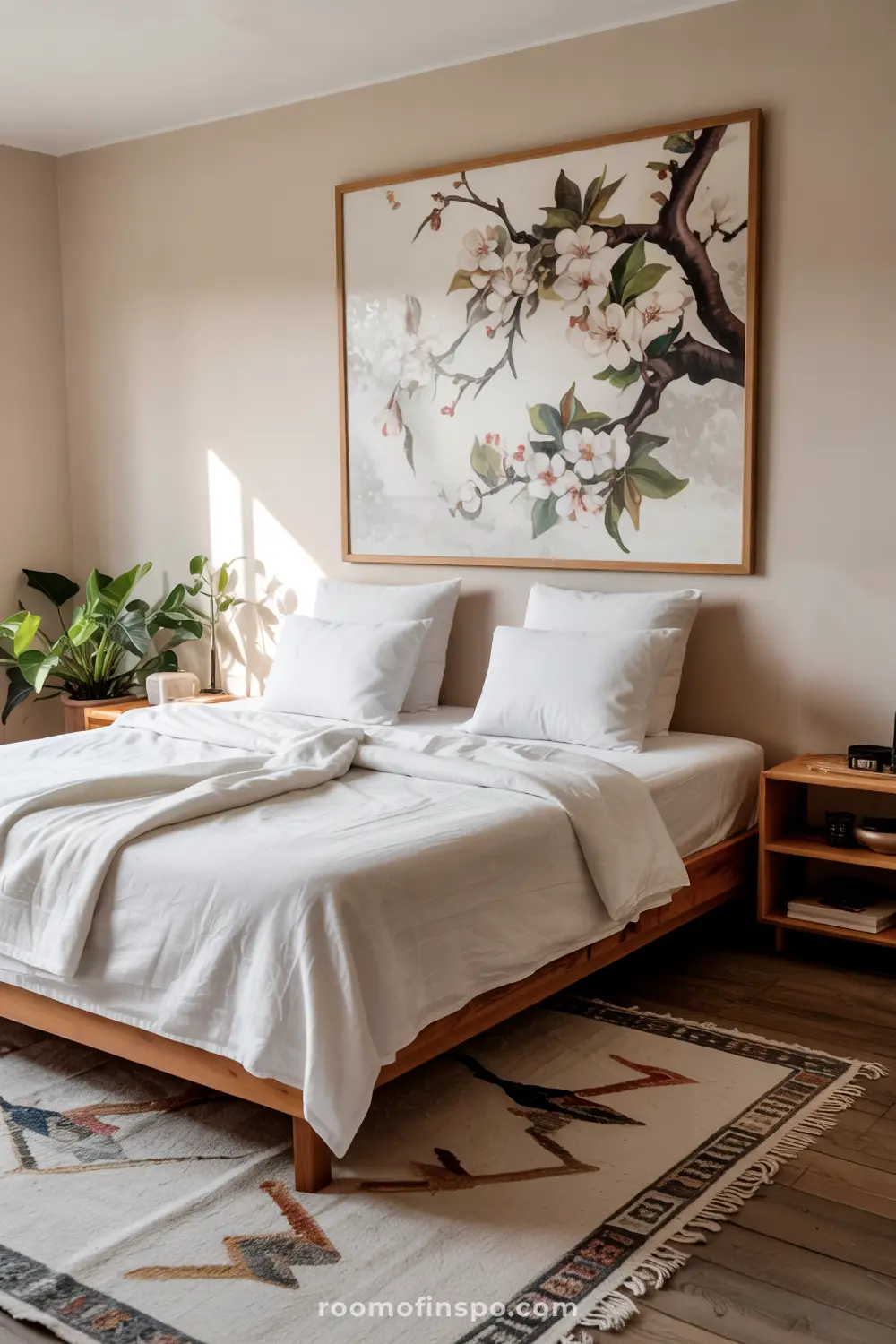 A serene bedroom featuring a headboard-free bed with white and beige linens, two wooden nightstands, a framed floral artwork above the bed, and a patterned rug on the floor.