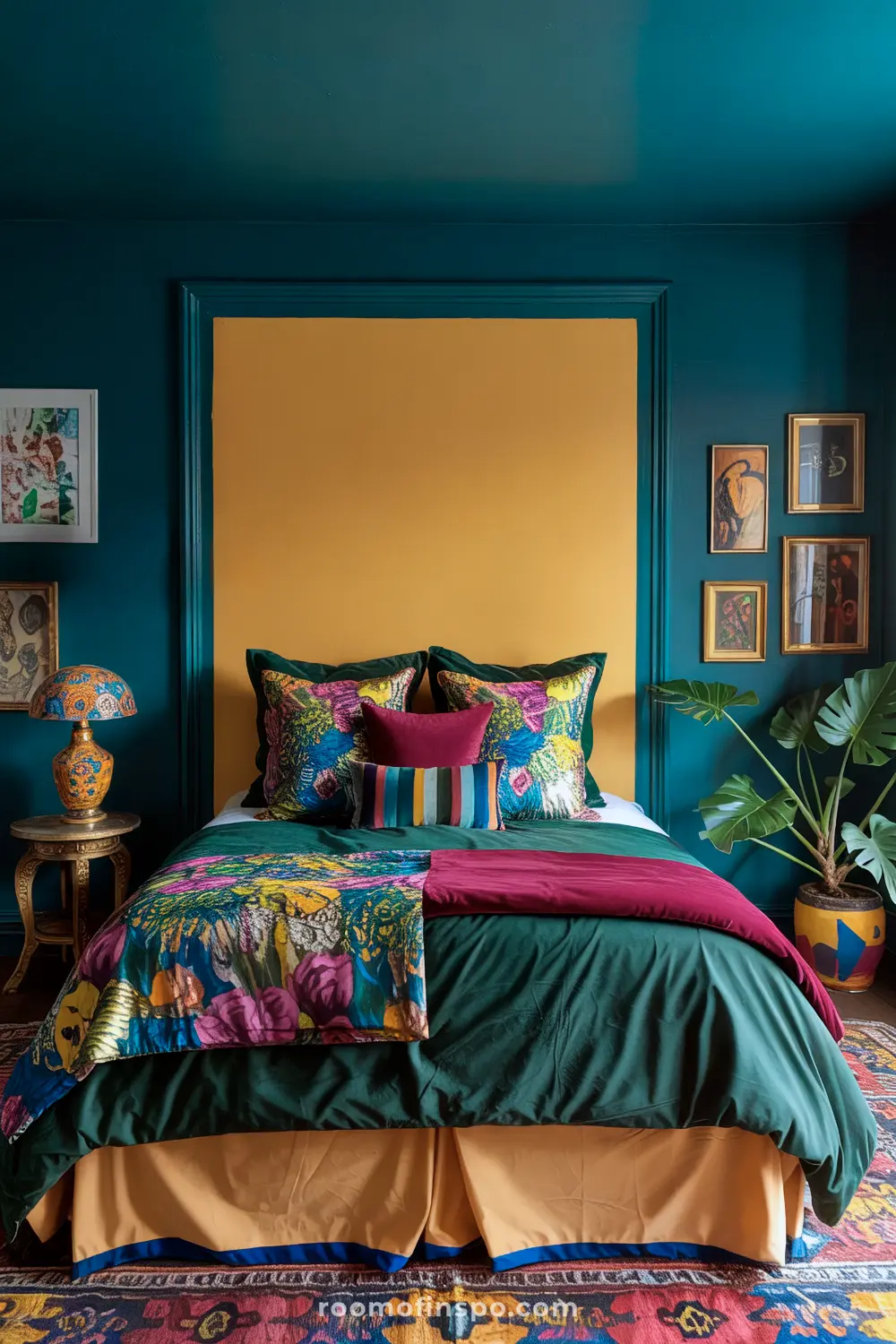A vibrant bedroom with a headboard-free bed featuring a green comforter, a multicolored floral quilt, various patterned pillows, yellow and teal walls, framed artwork, and a potted plant.